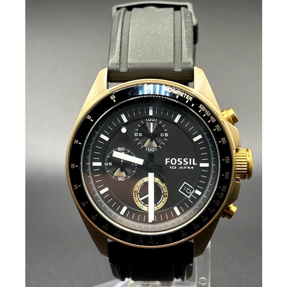 Fossil Decker DE-5003 Chronograph Black Dial Bronze Tone Silicone Strap Watch